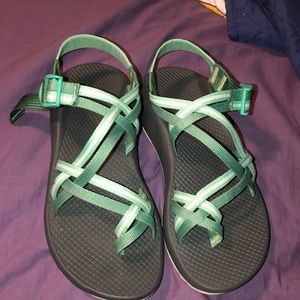 Teal striped chacos